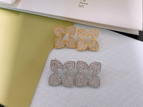 Pave Clover Flower Studs Sterling Silver Post Earrings