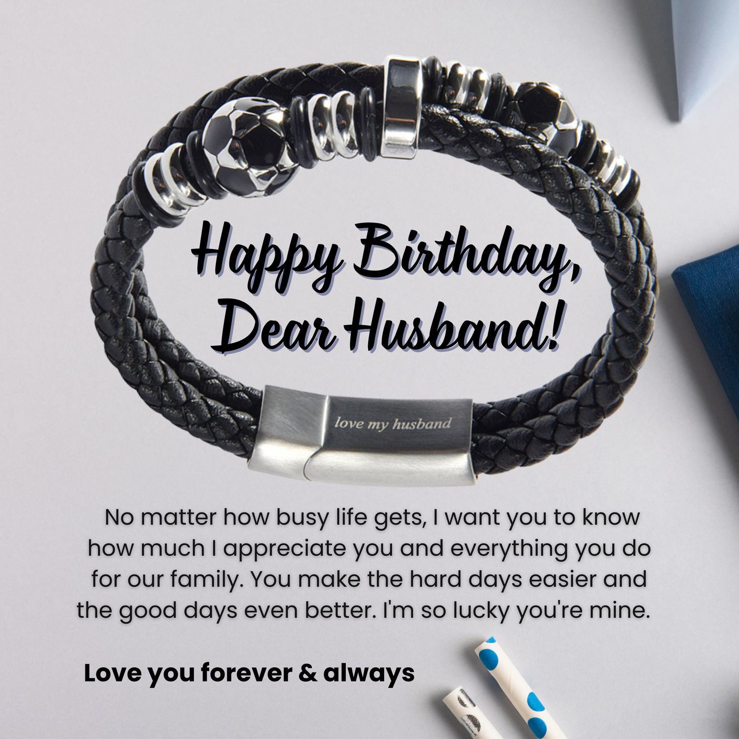 Bracelet For Husband FootBall Theme Engraved Leather Stainless steel with Personalised Message