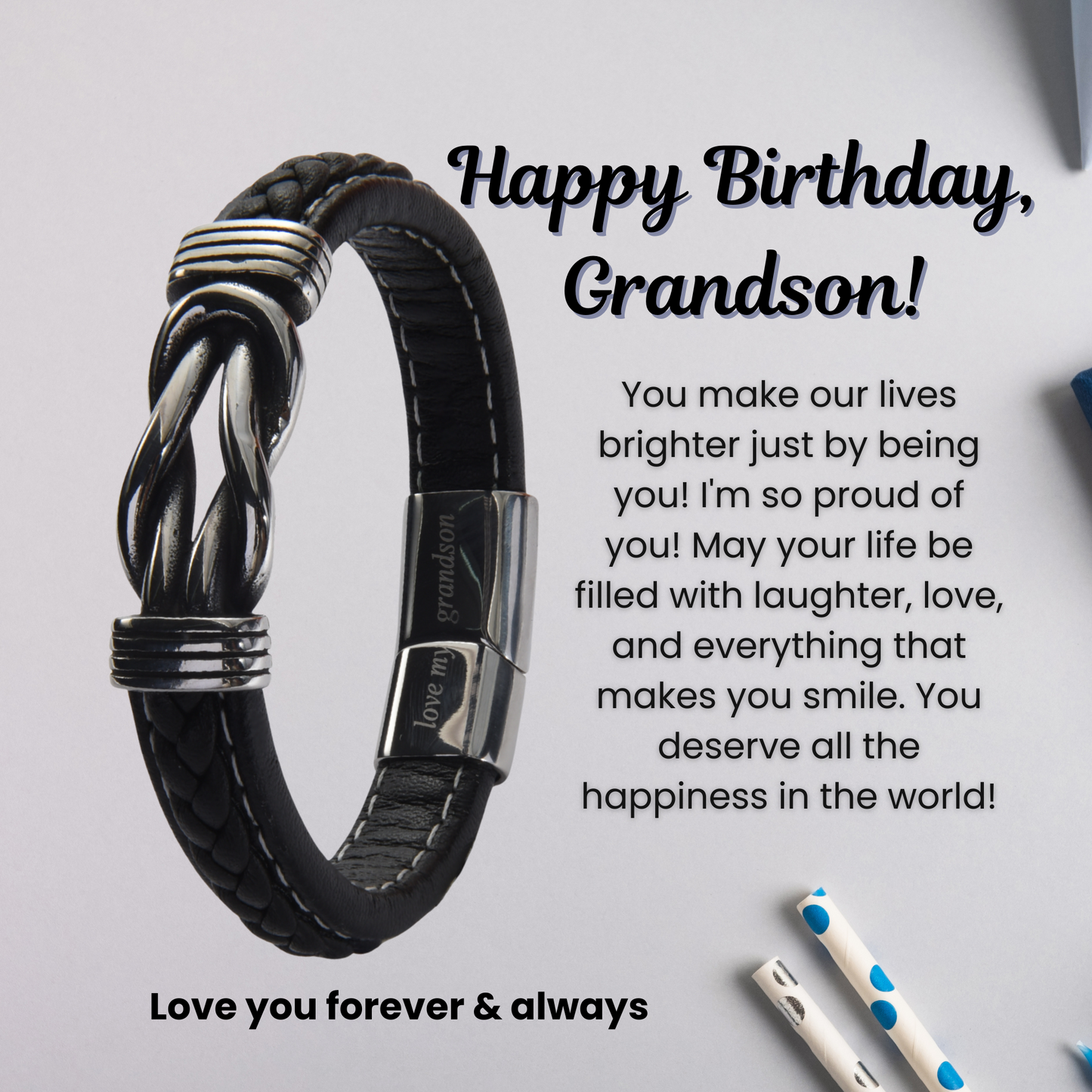 Infinity Bracelet For Grandson Engraved Leather Stainless steel with Personalised Card Message