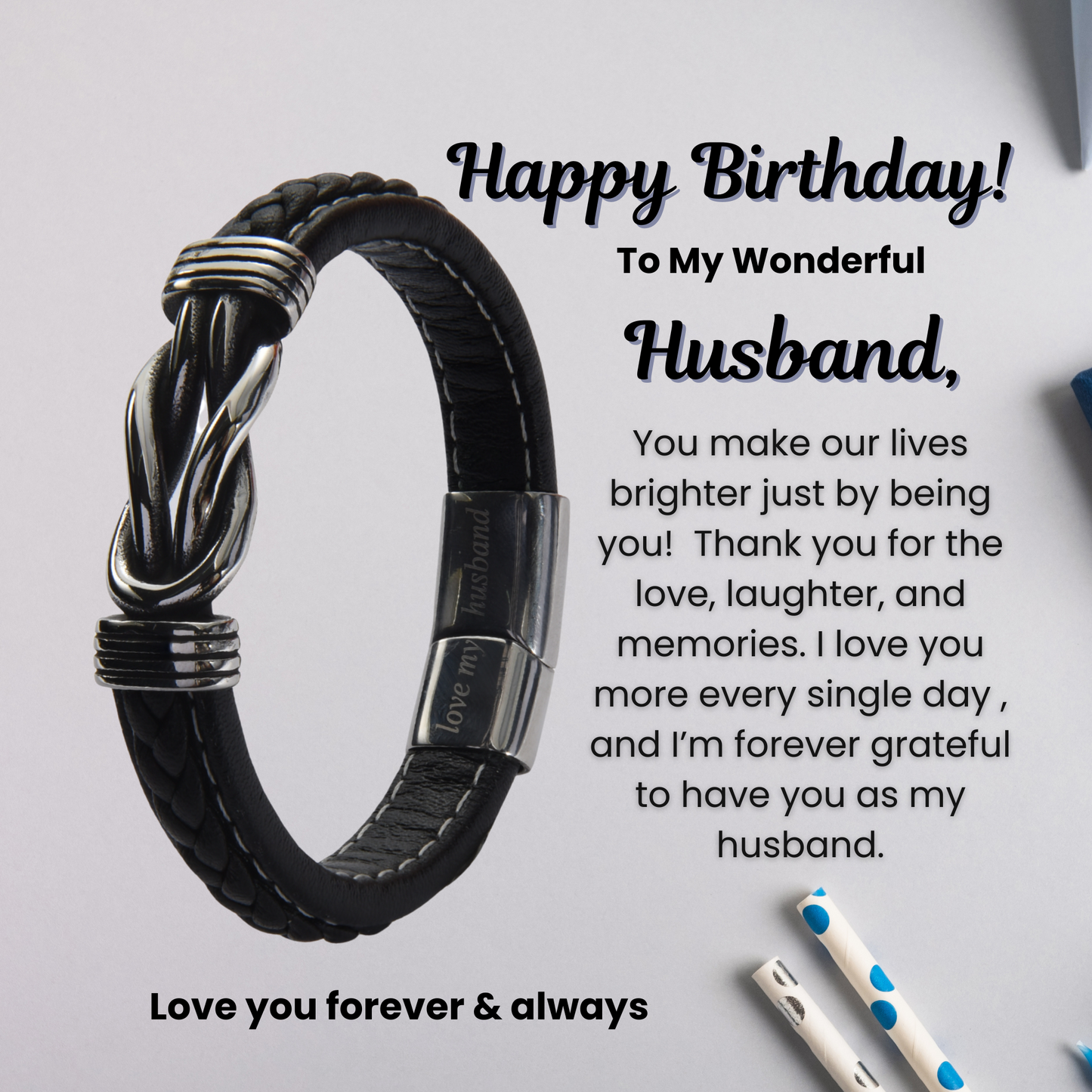 Infinity Bracelet For Husband Engraved Real Leather Stainless steel with Personalised Message