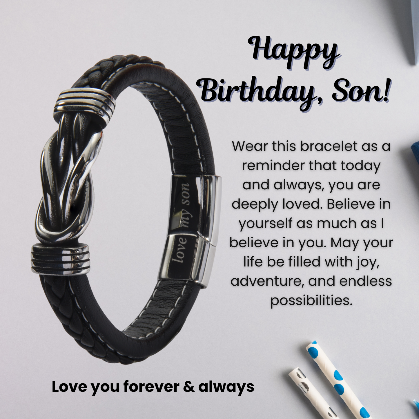 Infinity Bracelet For Son Engraved Real Leather Stainless steel with Personalised Message