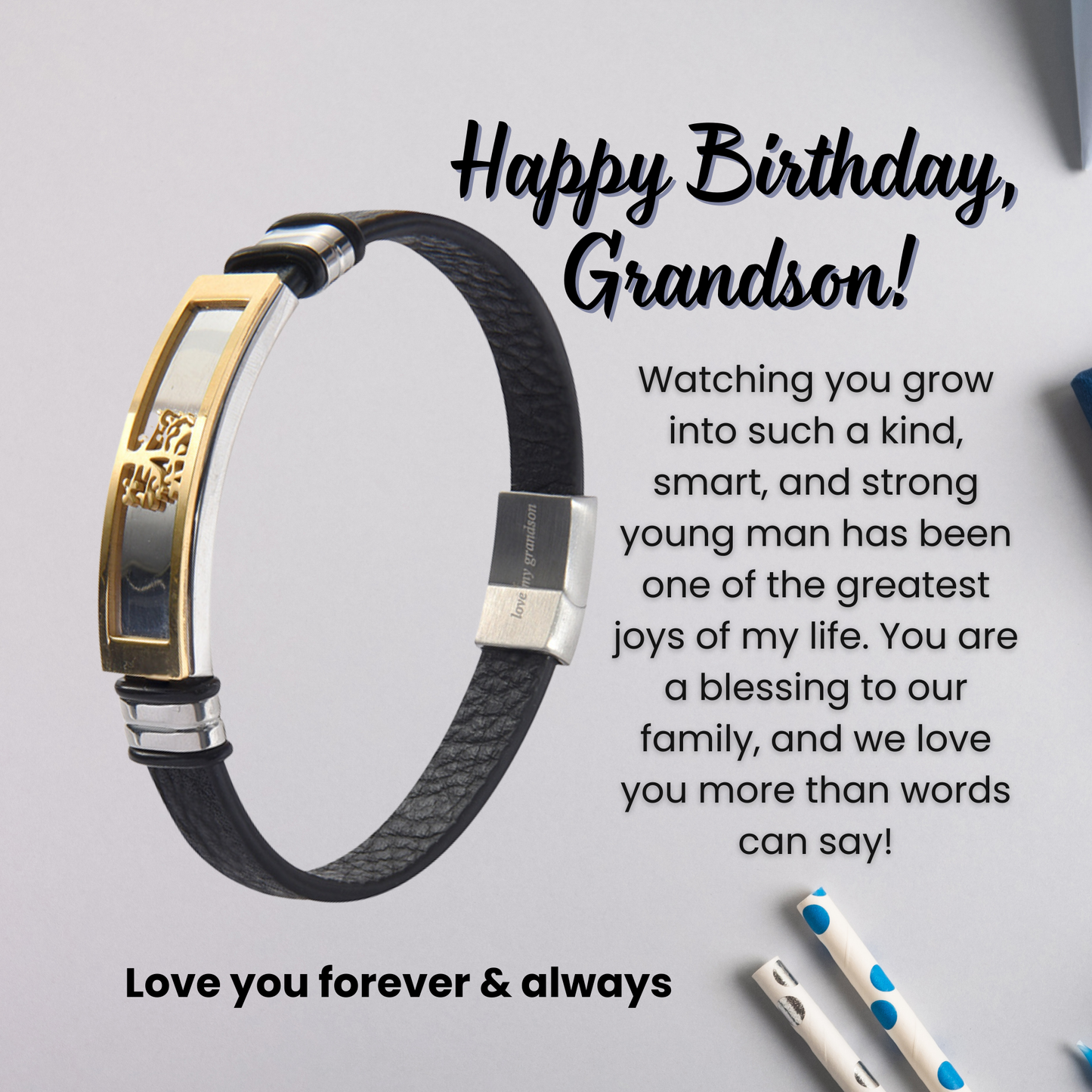Tree of Life Bracelet For Grandson Engraved Real Leather Stainless steel with Personalised Message Card