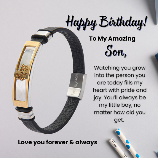 Tree of Life Bracelet For Son Engraved Real Leather Stainless steel with Personalised Message Card