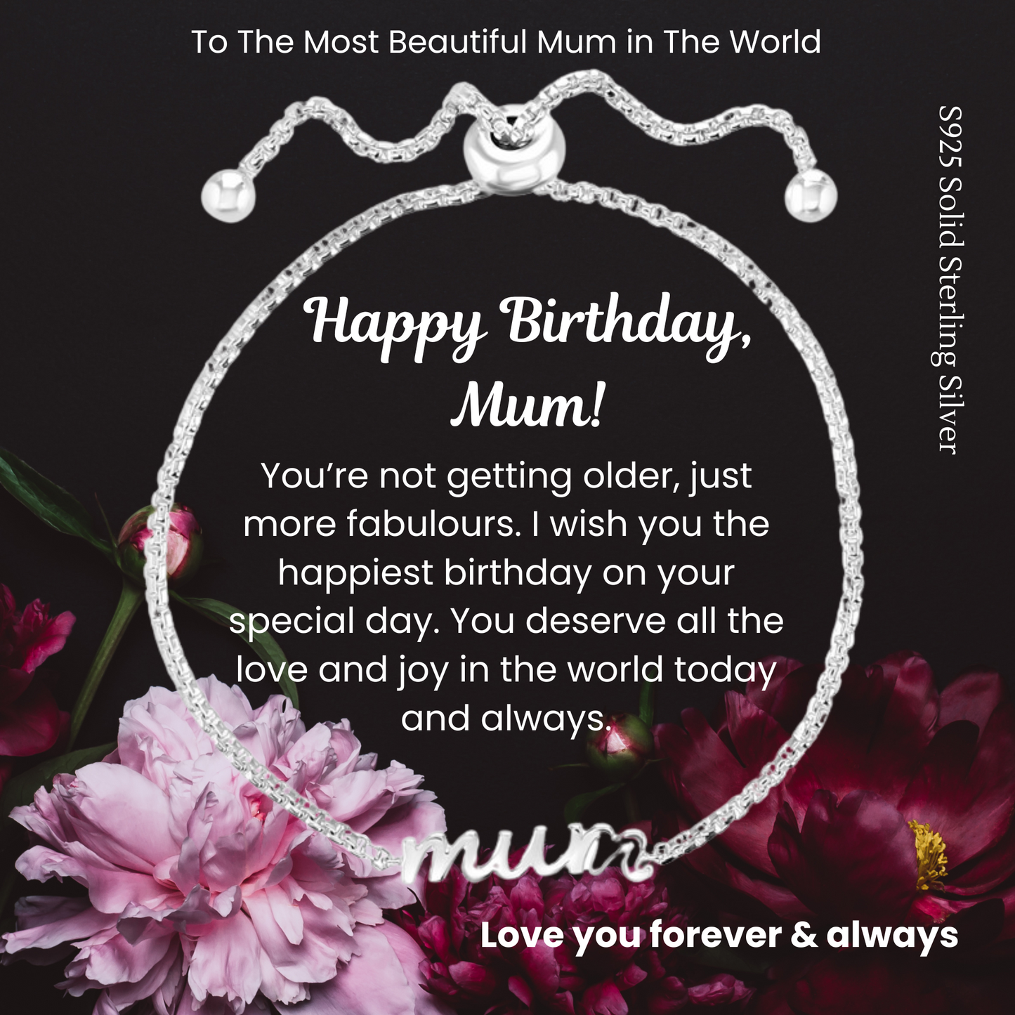 S925 Sterling Silver Mum Toggle Adjustable Bracelet with Message Card