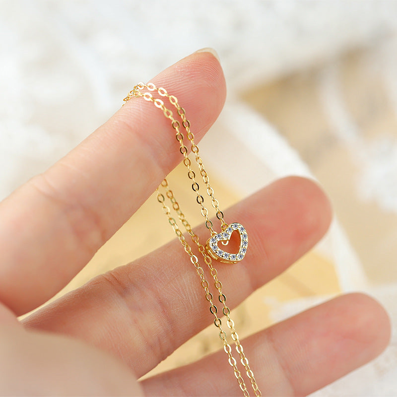 Sterling Silver Open Dainty Heart Red C/Z 14K Gold Plated Pendant Necklace