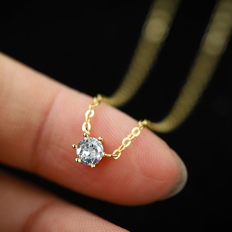 S925 Sterling Silver Solitaire 6mm C/Z 14K Gold Plated Pendant Necklace