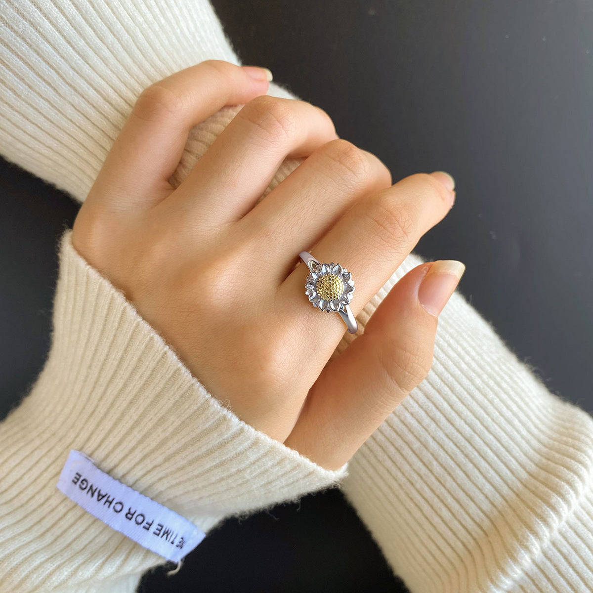 Sterling Silver Two-Tone Daisy Open Adjustable Ring