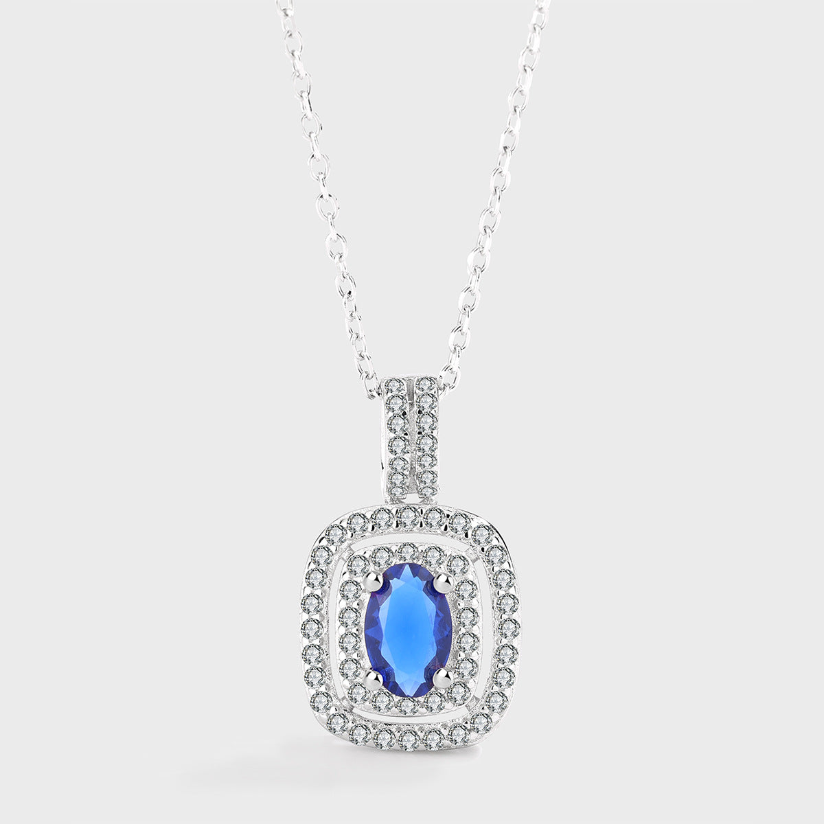 Sterling Silver Double Halo Blue Aura Sapphire C/Z Rectangle Pendant Necklace