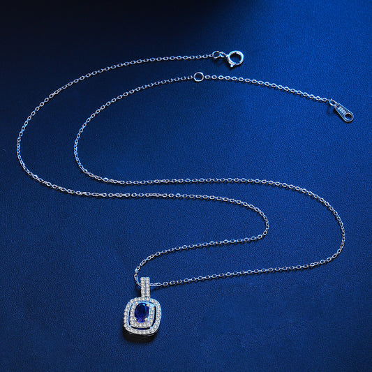 Sterling Silver Double Halo Blue Aura Sapphire C/Z Rectangle Pendant Necklace