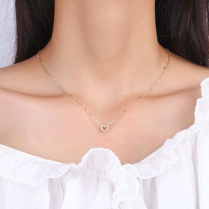 Sterling Silver Open Dainty Heart Red C/Z 14K Gold Plated Pendant Necklace