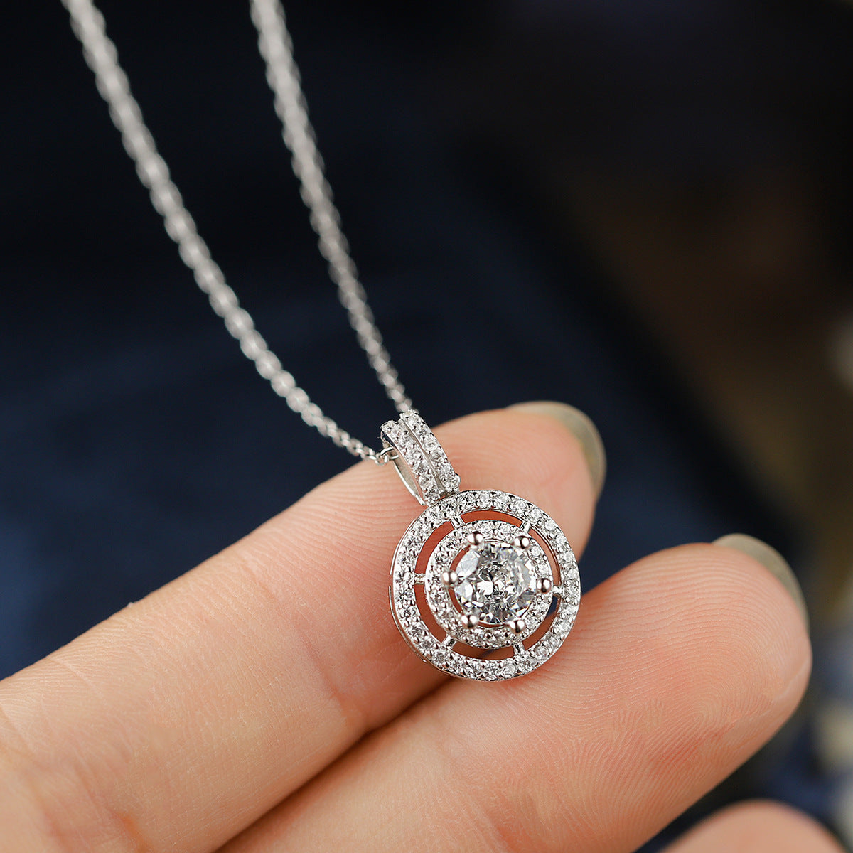 S925 Sterling Silver Halo Round C/Z Pendant Necklace