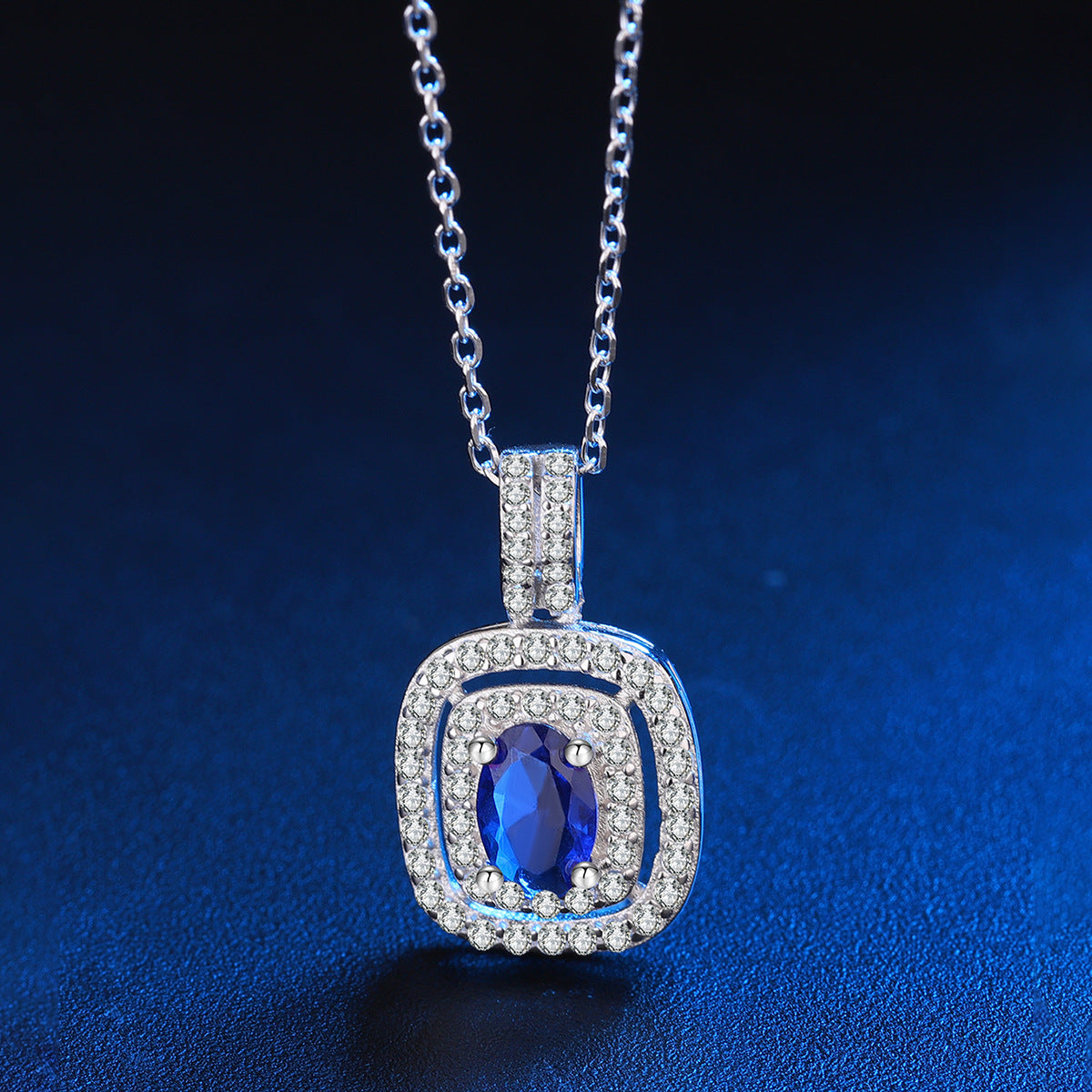 Sterling Silver Double Halo Blue Aura Sapphire C/Z Rectangle Pendant Necklace