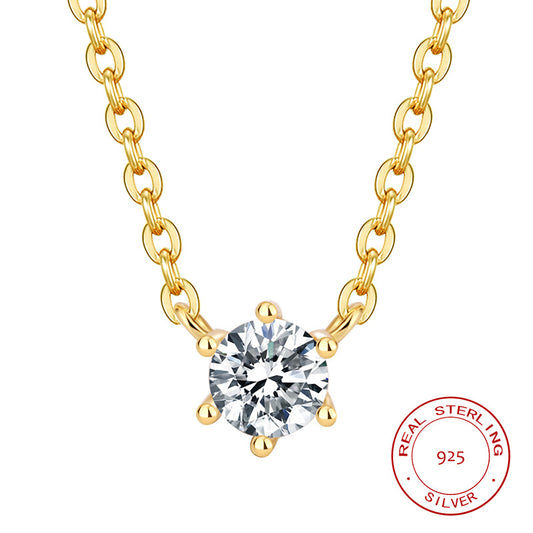 S925 Sterling Silver Solitaire 6mm C/Z 14K Gold Plated Pendant Necklace