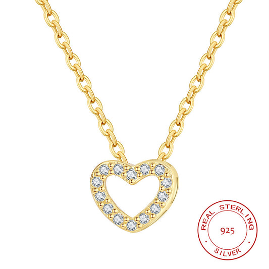 Sterling Silver Open Dainty Heart Red C/Z 14K Gold Plated Pendant Necklace