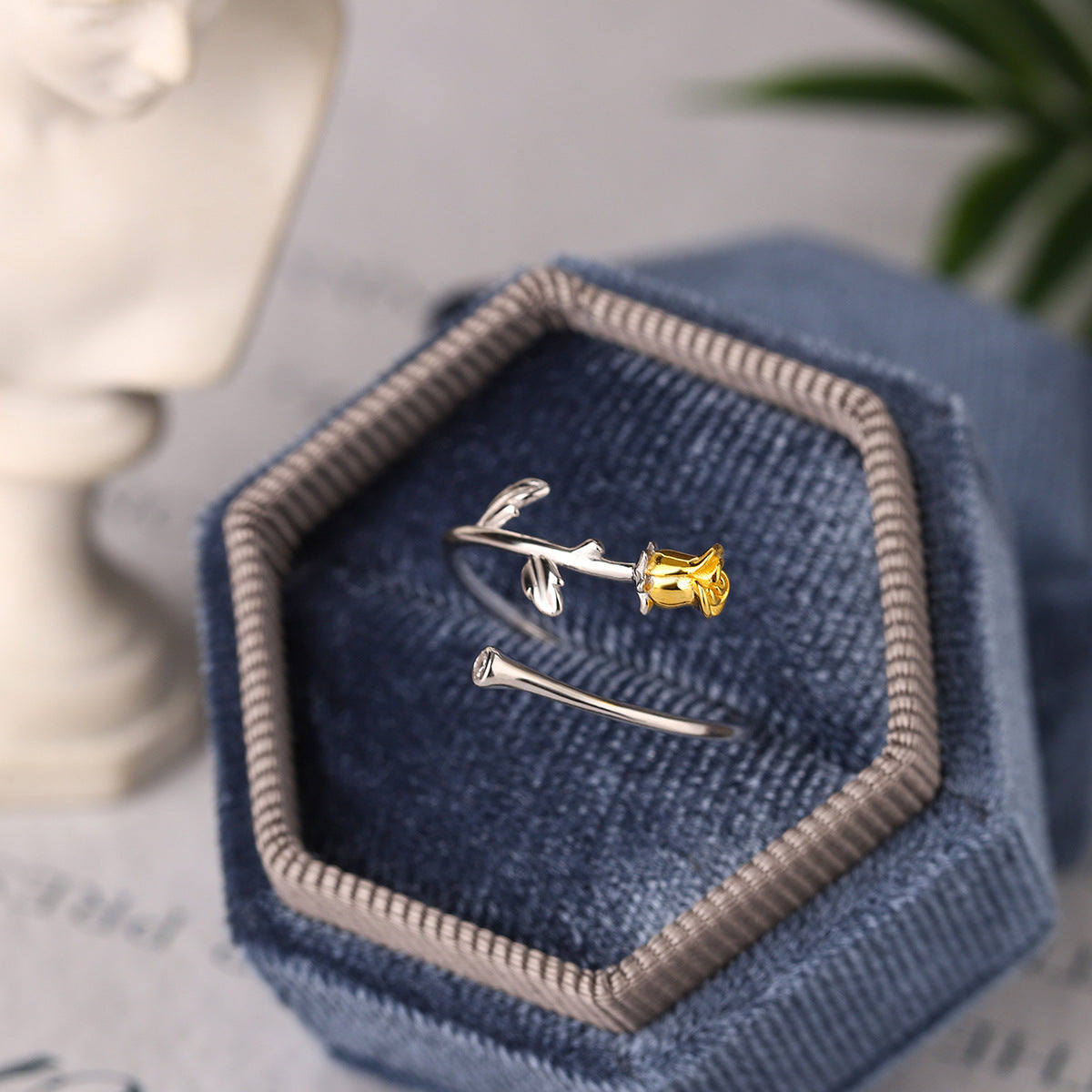 Sterling Silver Two-Tone Rosebud Open Adjustable Ring
