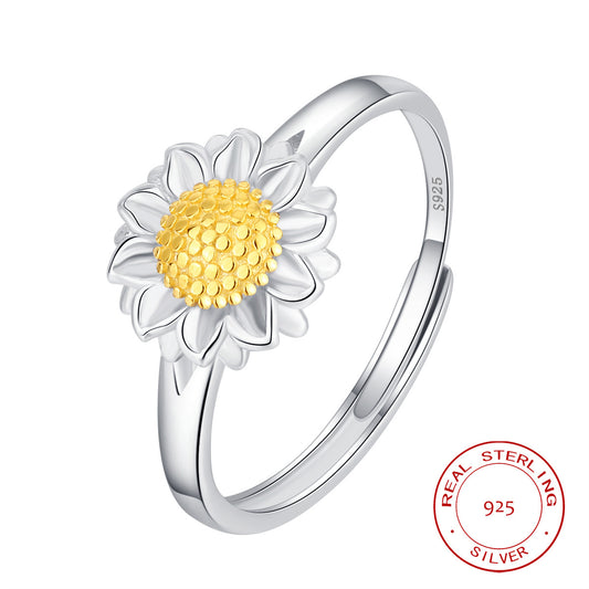 Sterling Silver Two-Tone Daisy Open Adjustable Ring