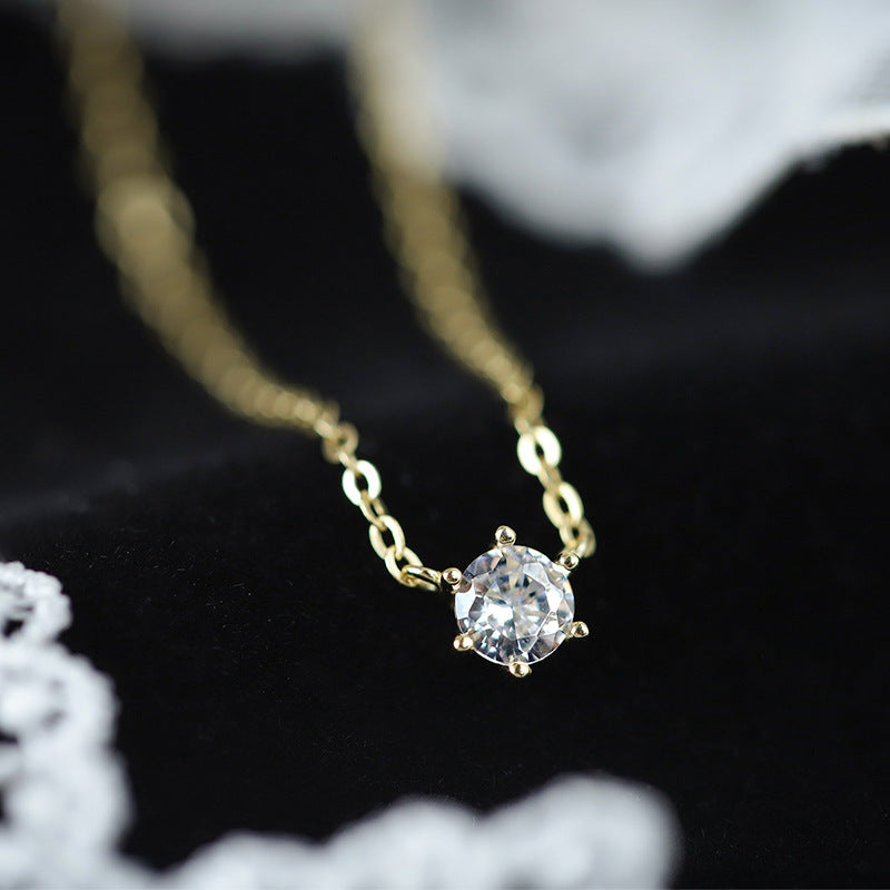 S925 Sterling Silver Solitaire 6mm C/Z 14K Gold Plated Pendant Necklace