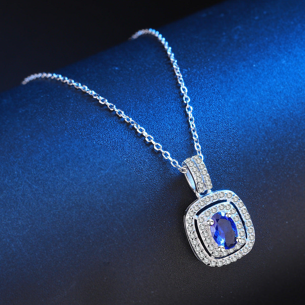 Sterling Silver Double Halo Blue Aura Sapphire C/Z Rectangle Pendant Necklace