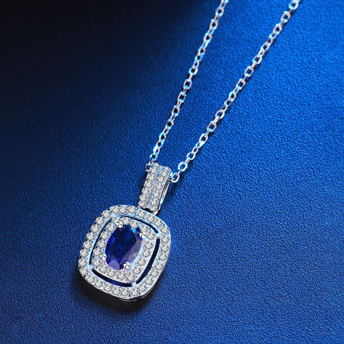 Sterling Silver Double Halo Blue Aura Sapphire C/Z Rectangle Pendant Necklace