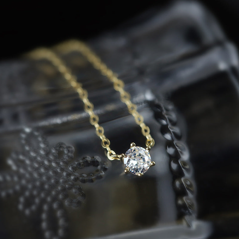 S925 Sterling Silver Solitaire 6mm C/Z 14K Gold Plated Pendant Necklace