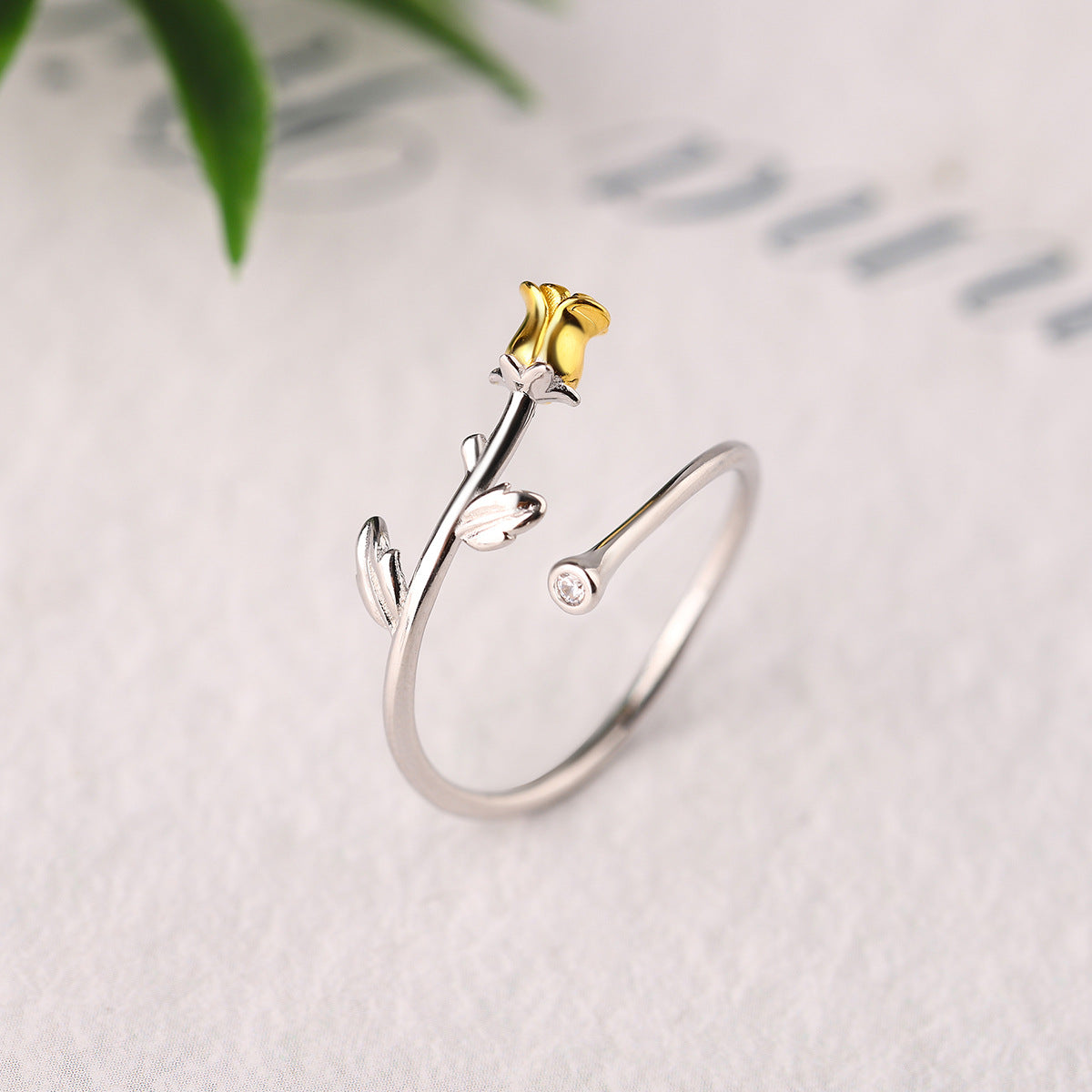 Sterling Silver Two-Tone Rosebud Open Adjustable Ring