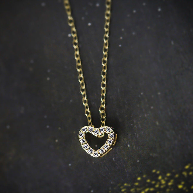 Sterling Silver Open Dainty Heart Red C/Z 14K Gold Plated Pendant Necklace