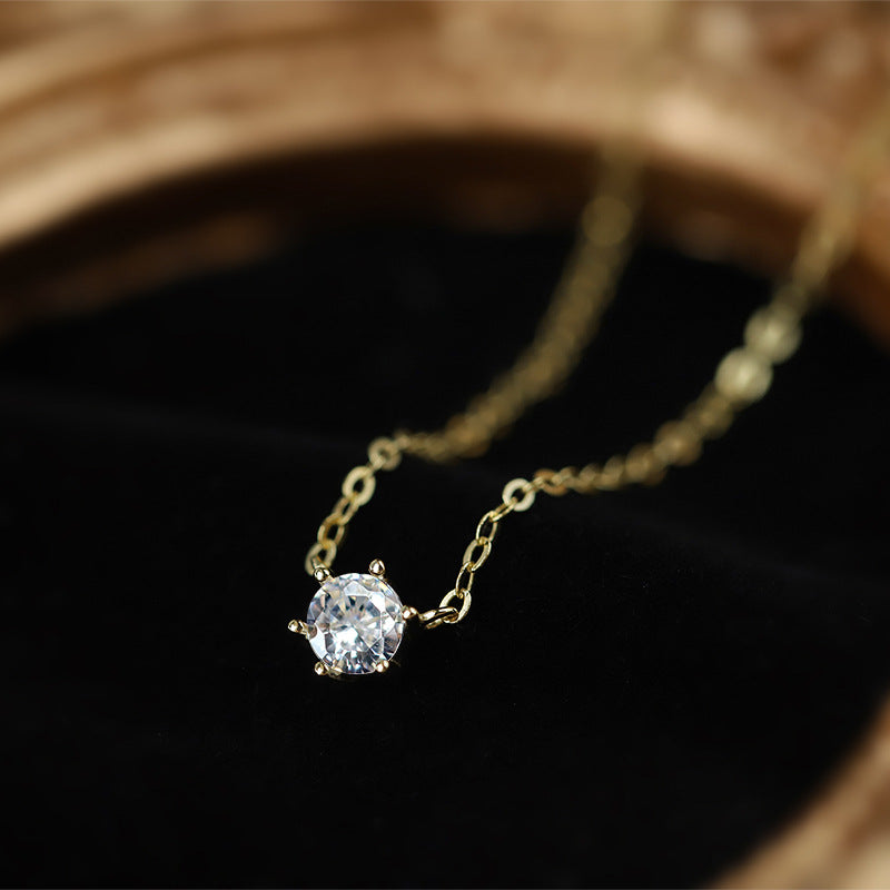 S925 Sterling Silver Solitaire 6mm C/Z 14K Gold Plated Pendant Necklace