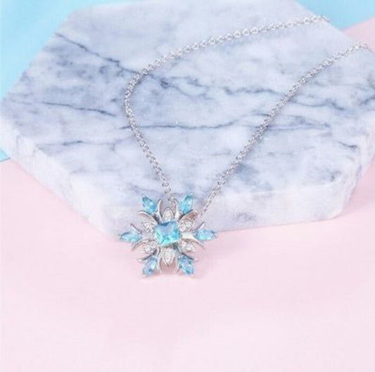 Light Blue Crystal Snowflake Silver Tone Pendant Necklace