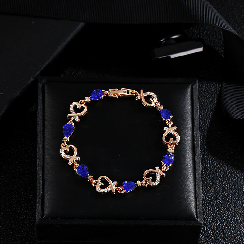 Rose Gold Linked Heart Bracelet with Coloured Stones