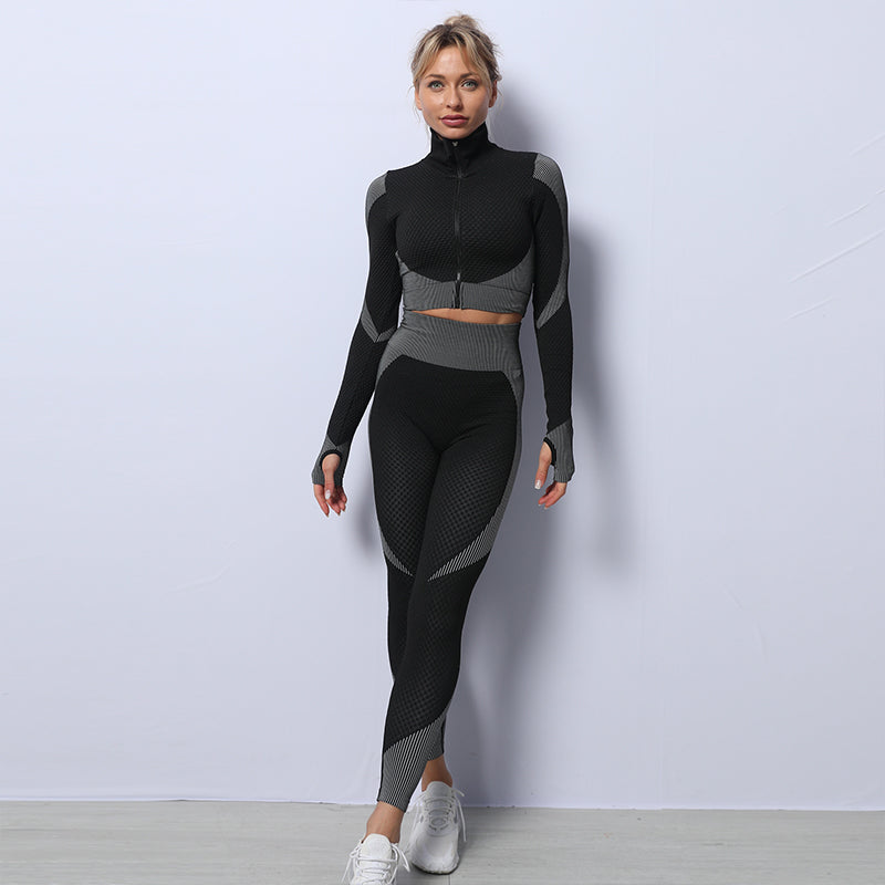 2 Pieces Yoga Gym Set Women Fitness Suit Jacket and Bra in Grey Black Small