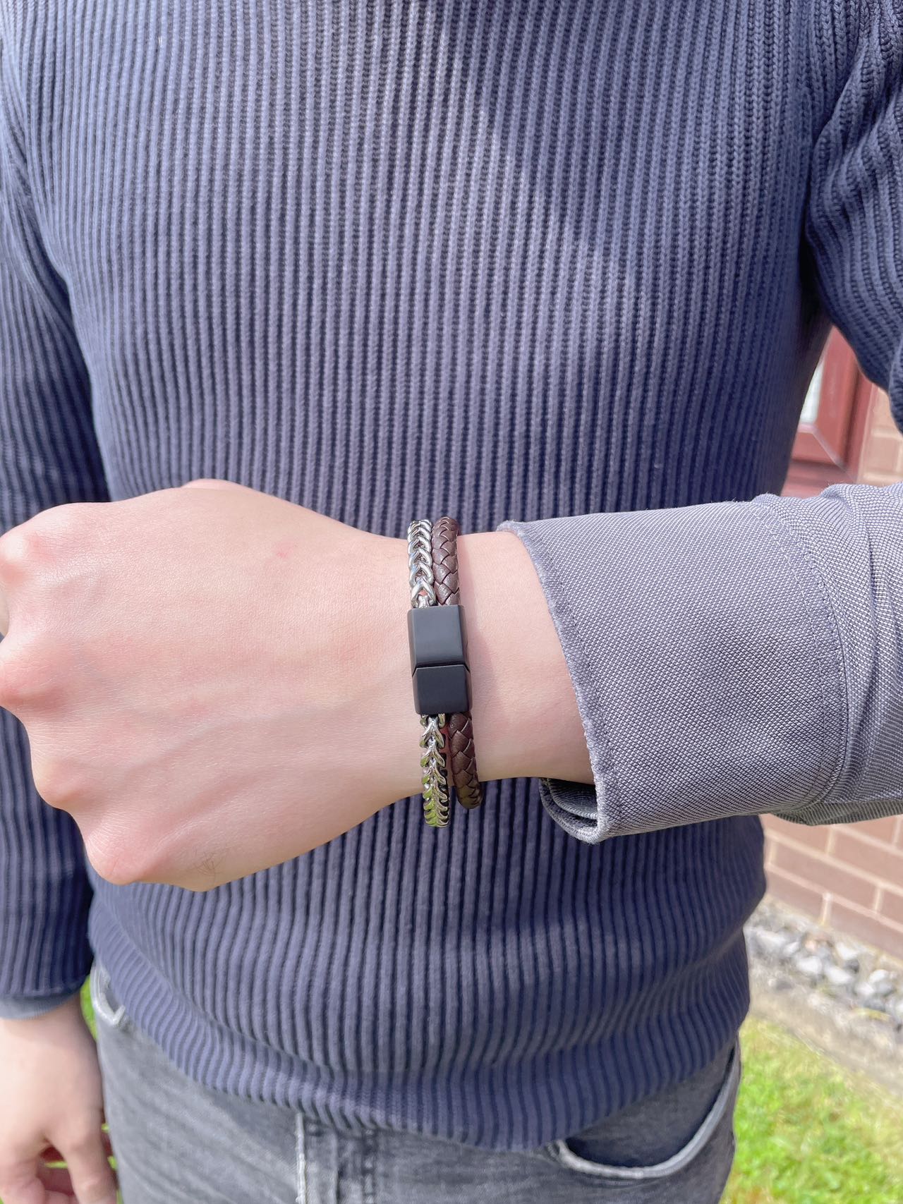 Men’s 2-Layer Stainless Steel Chain Brown Leather Braided Bracelet