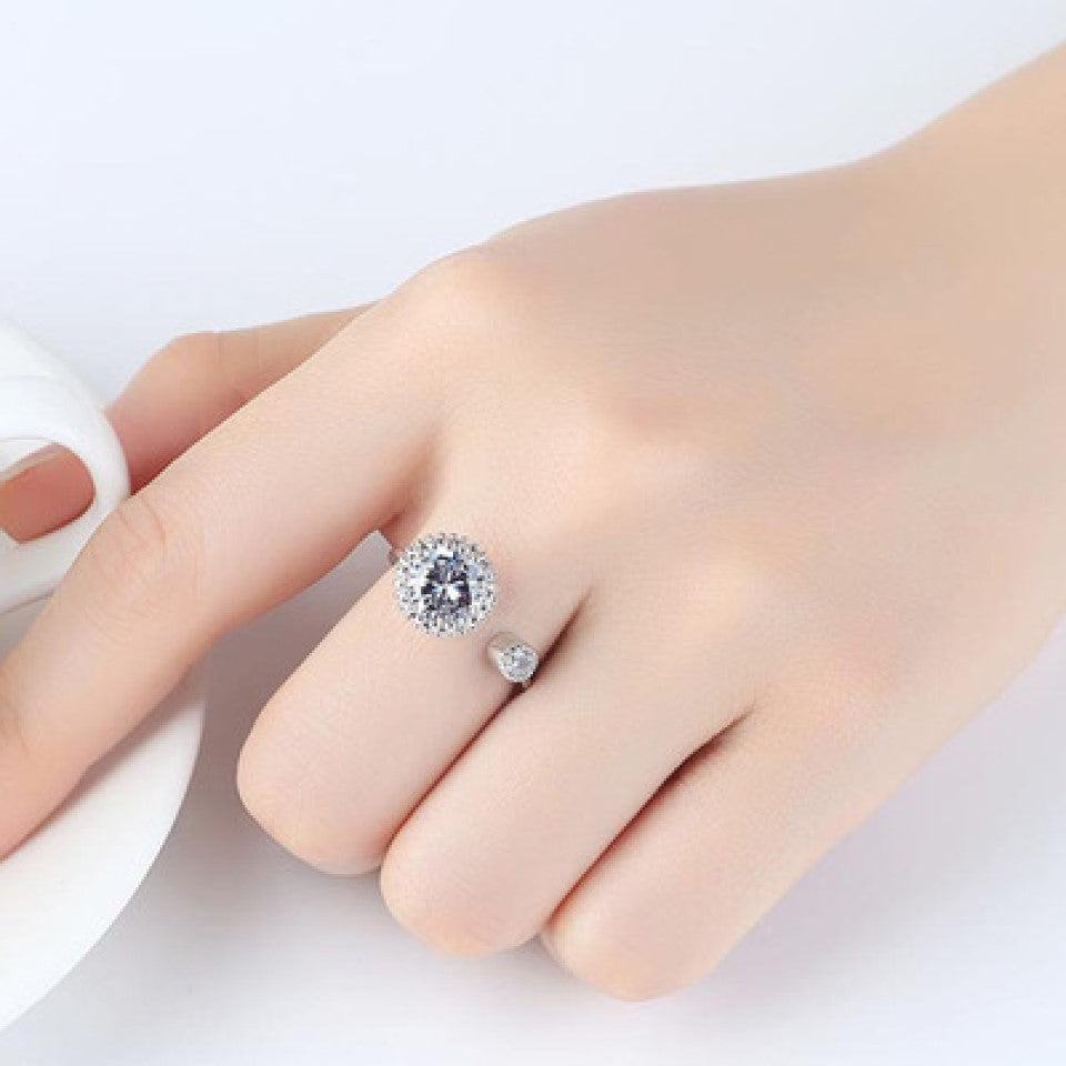 Silver Tone Round Halo Crystal Open Ring Adjustable