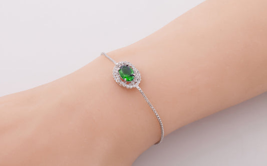 Vintage Halo Green Emarald Oval Zircon Crystals Silver Bracelet