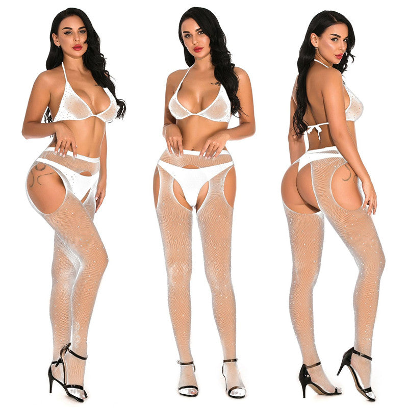 Diamante Fishnet Stockings with Matching Bra