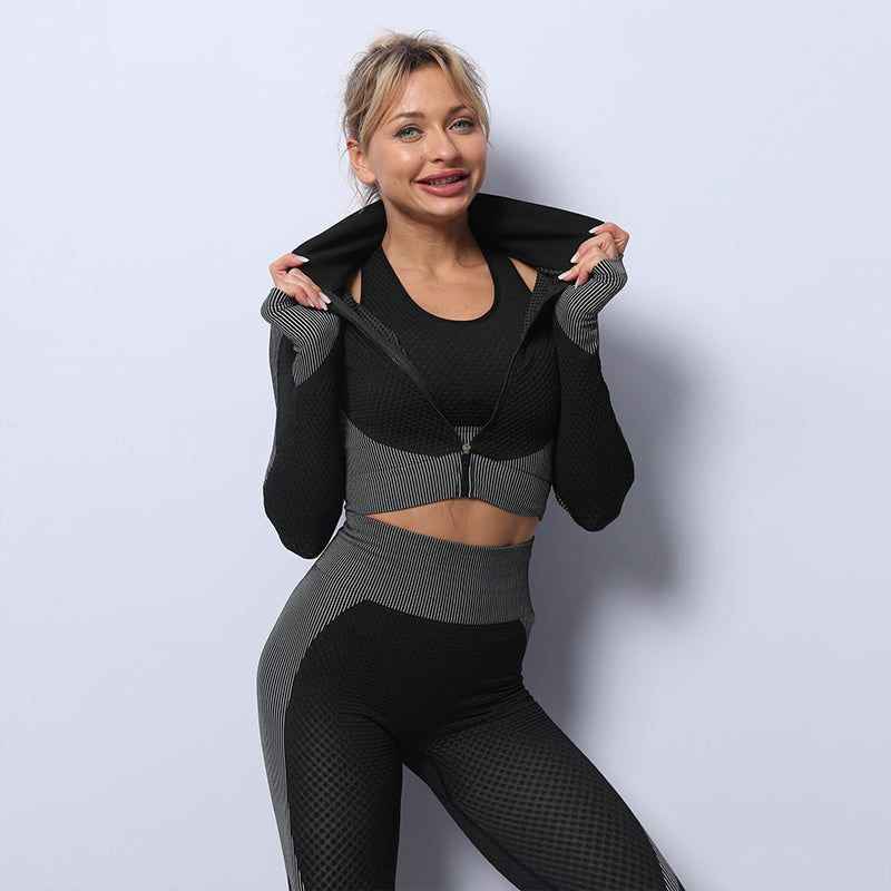 2 Pieces Yoga Gym Set Women Fitness Suit Jacket and Bra in Grey Black Small