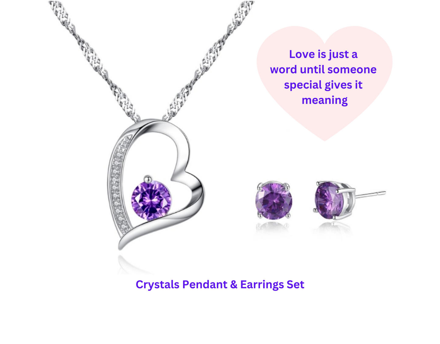 Sparkling Purple Heart Zircon Crystals Pendant Necklace & Earrings Set