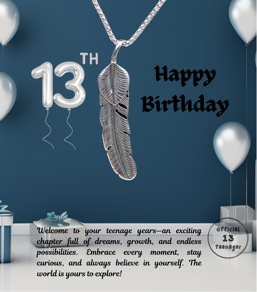 13th Birthday Vintage Retro Feather Stainless Steel Pendant Necklace with Personalised Message Card