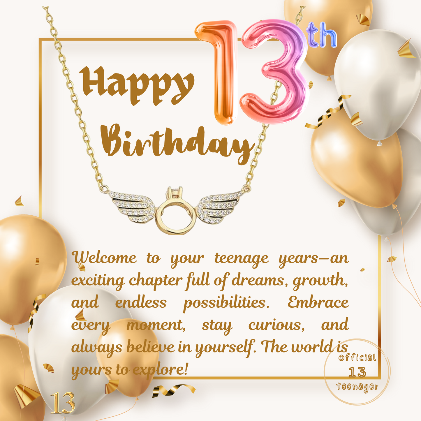13th Birthday Angel Wings Pendant Necklace with Personalised Message Card