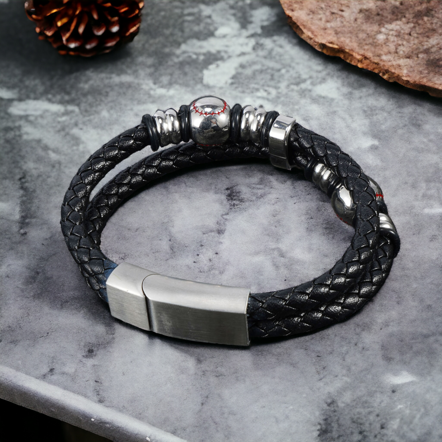 Stylish Men’s Black Leather Beads Bracelet In Baseball Pattern