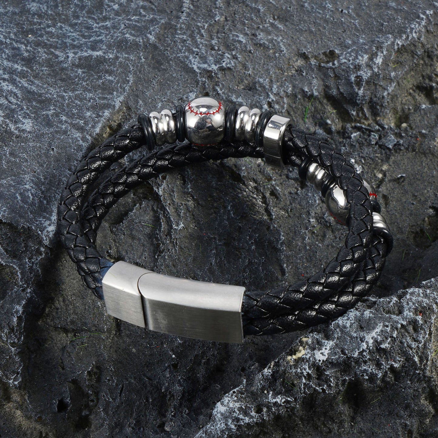 Stylish Men’s Black Leather Beads Bracelet In Baseball Pattern