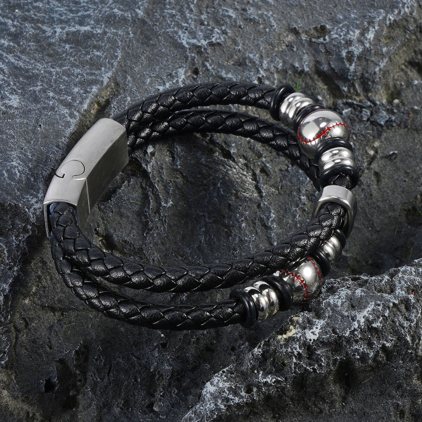 Stylish Men’s Black Leather Beads Bracelet In Baseball Pattern