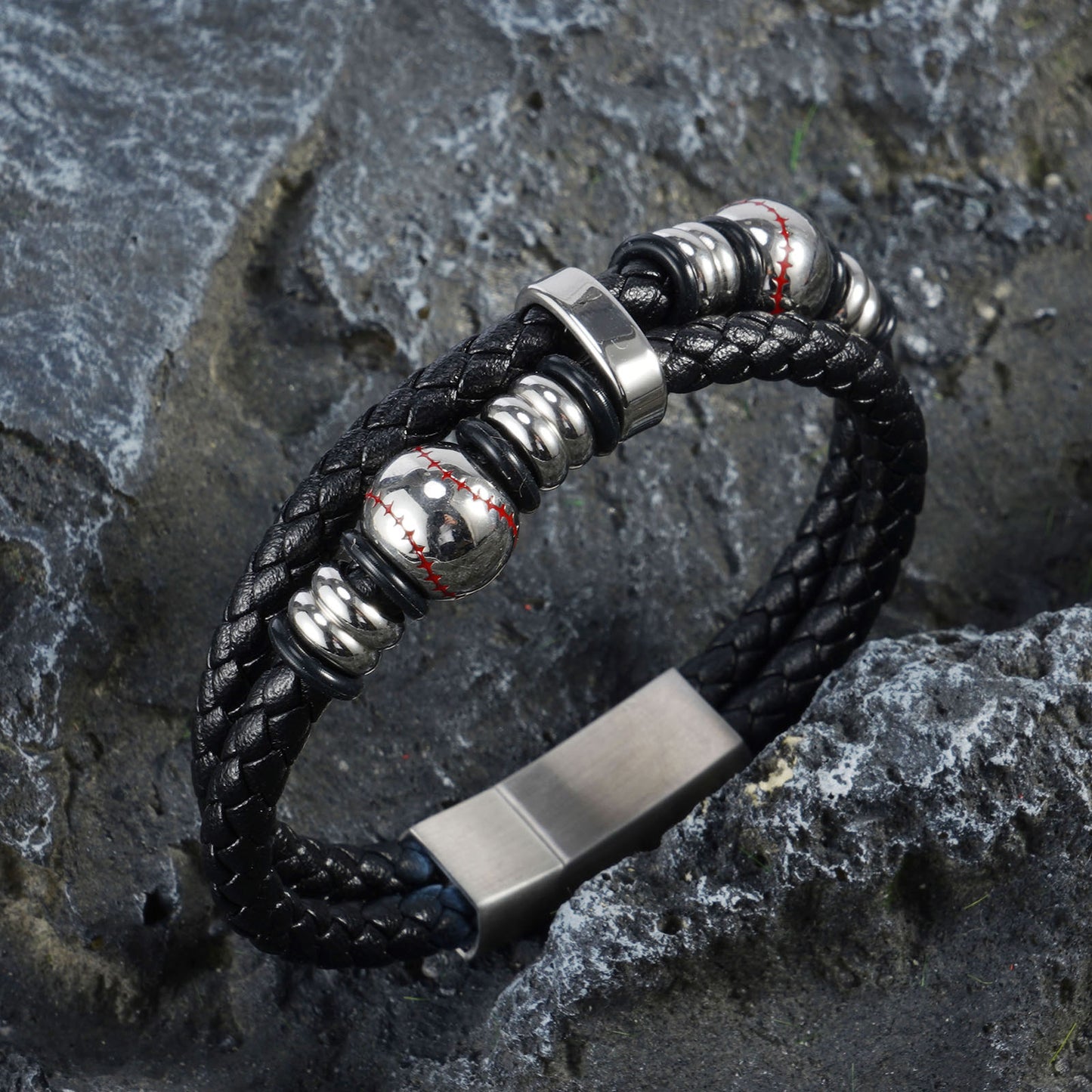 Stylish Men’s Black Leather Beads Bracelet In Baseball Pattern