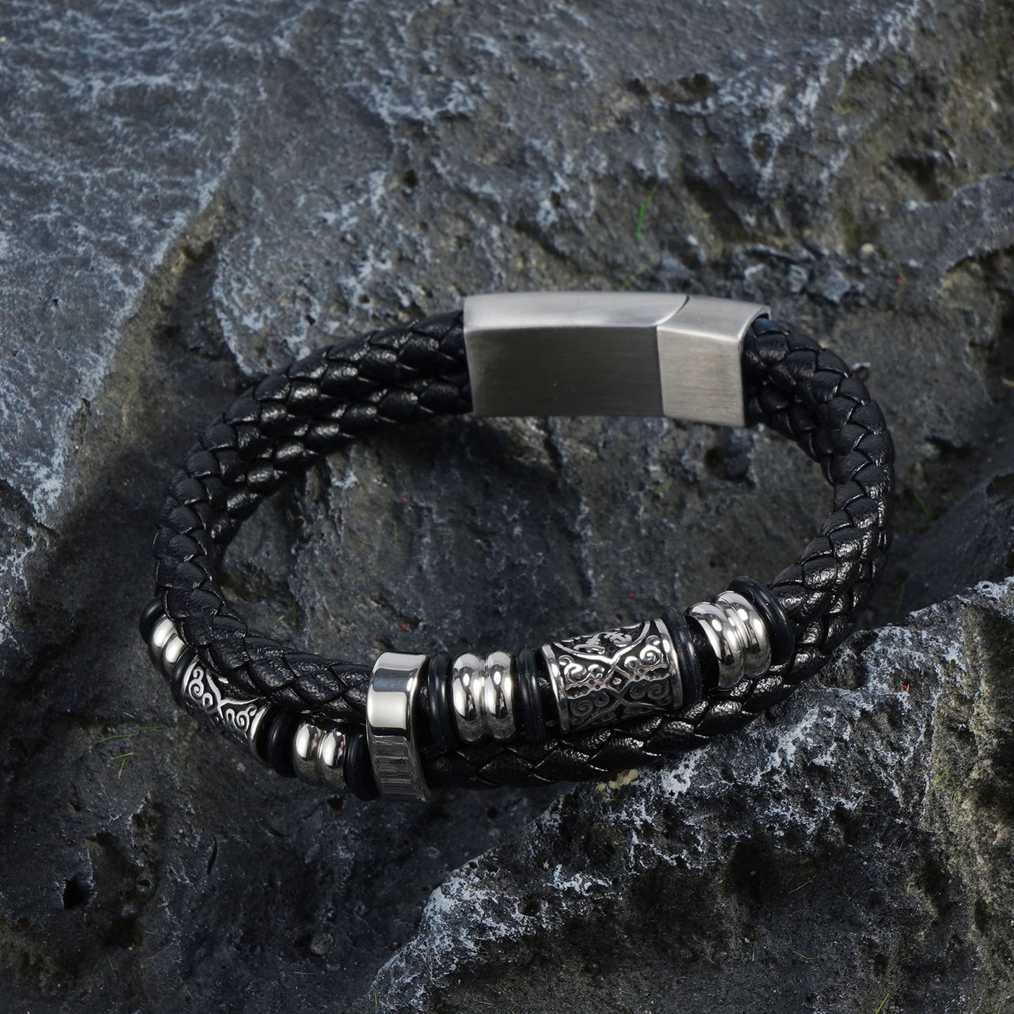 Stylish Triquetra Men’s Black Leather Beads Bracelet In Silver Tone