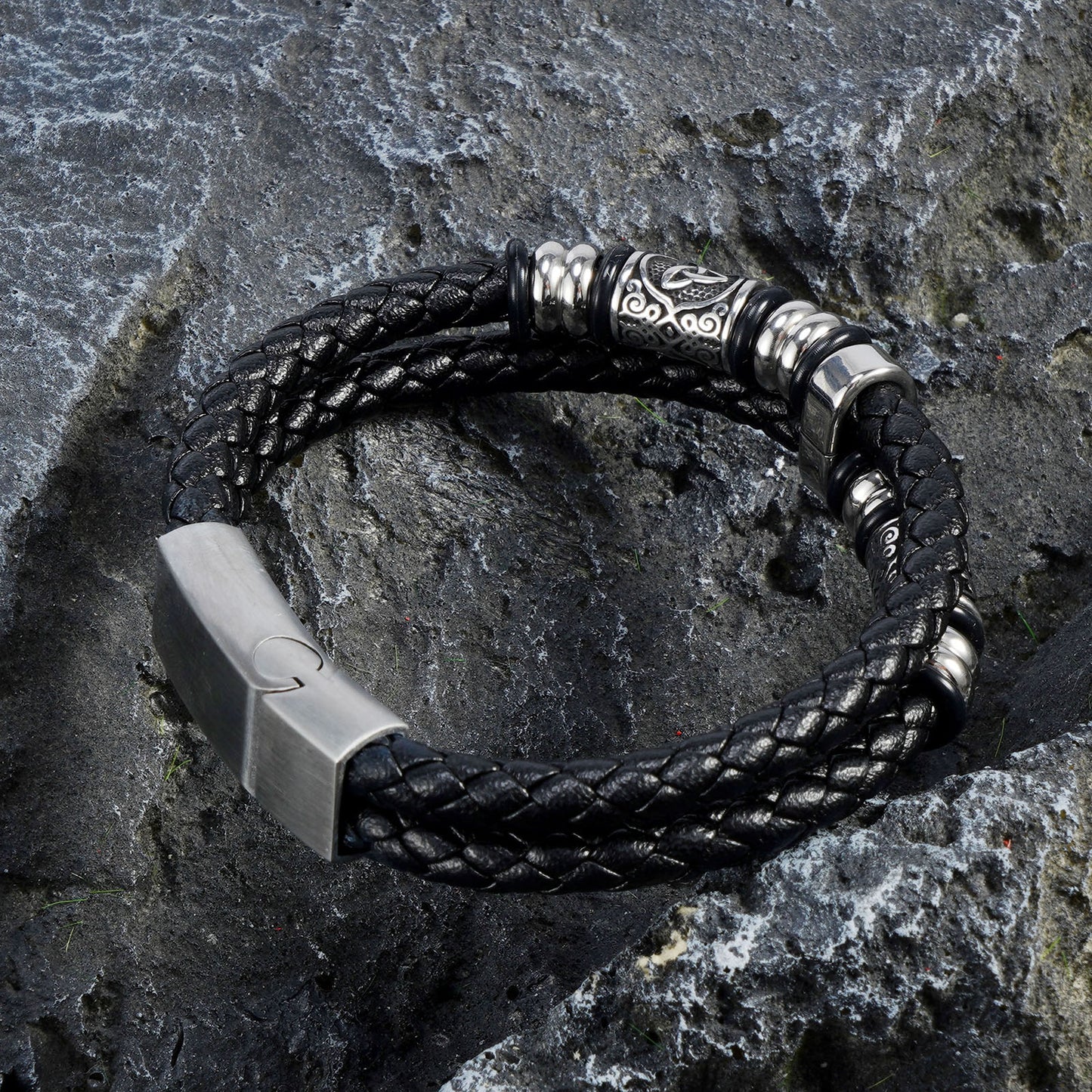Stylish Triquetra Men’s Black Leather Beads Bracelet In Silver Tone