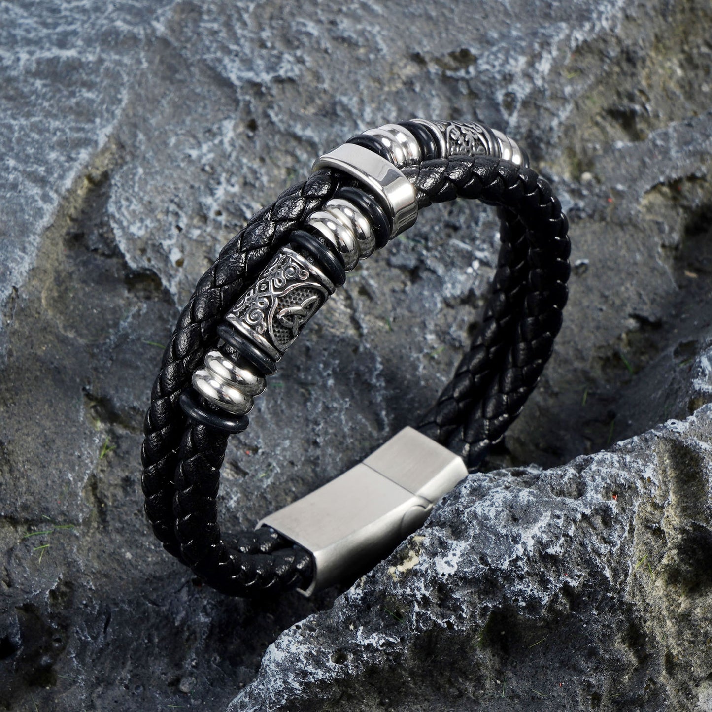 Stylish Triquetra Men’s Black Leather Beads Bracelet In Silver Tone