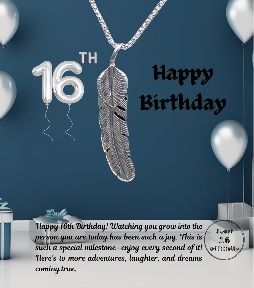 16th Birthday Vintage Retro Feather Stainless Steel Pendant Necklace with Personalised Message Card
