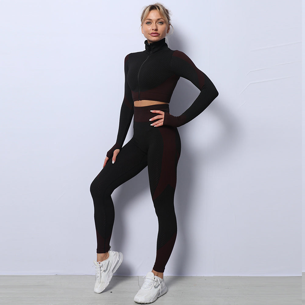 3 Pieces Yoga Gym Set Women Fitness Suit Leggings Jacket Bra in Red