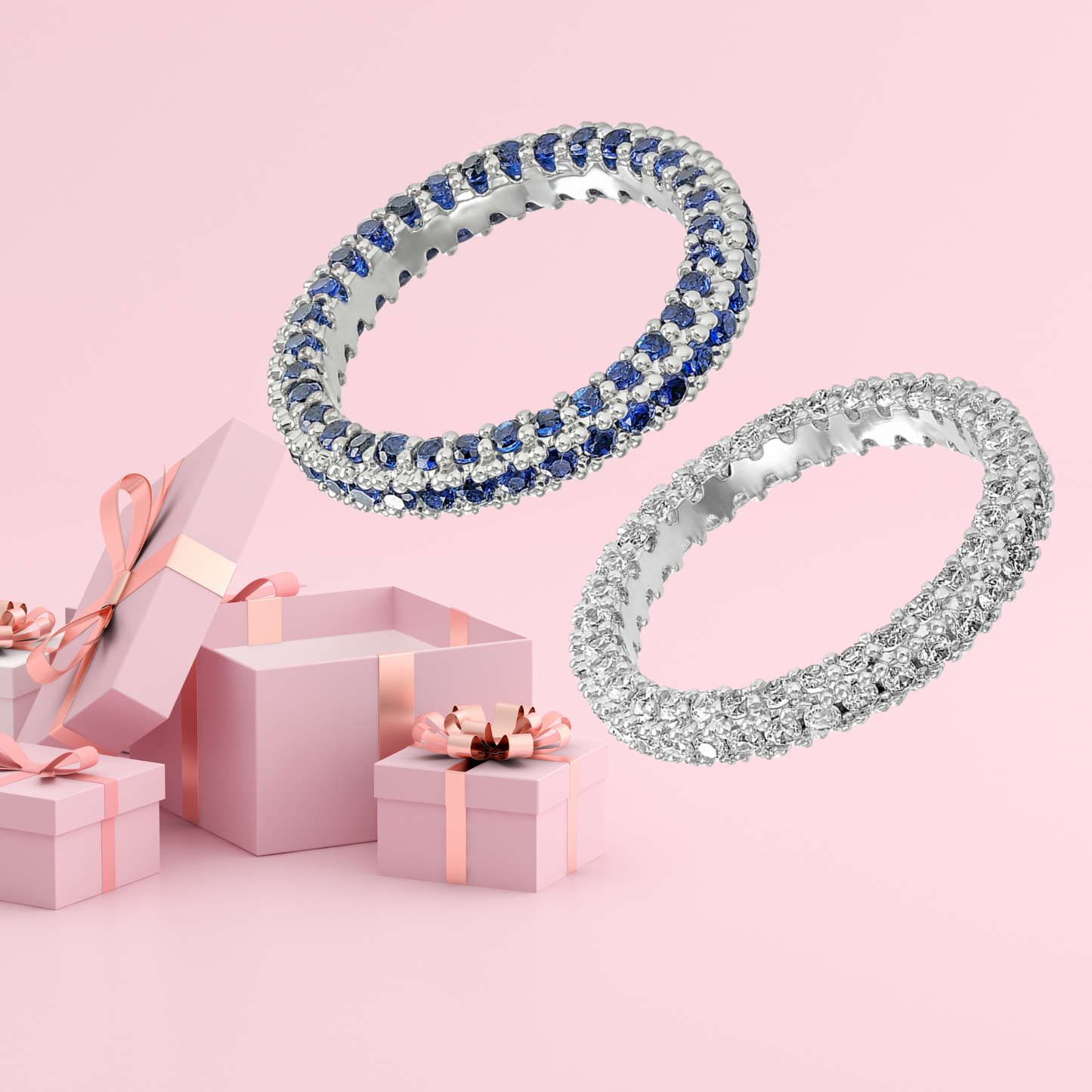 Eternity Engagement Wedding Band Ring with Clear or Blue Cubic Zirconia