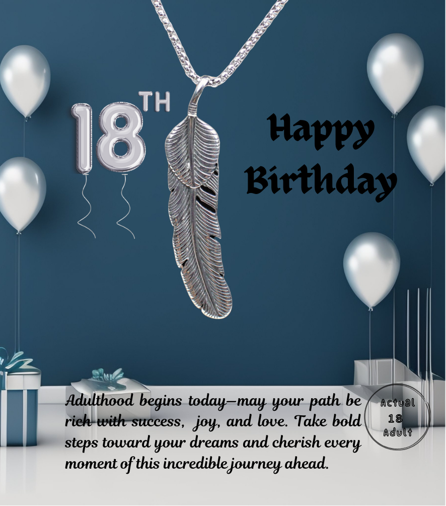 18th Birthday Vintage Retro Feather Stainless Steel Pendant Necklace with Personalised Message Card