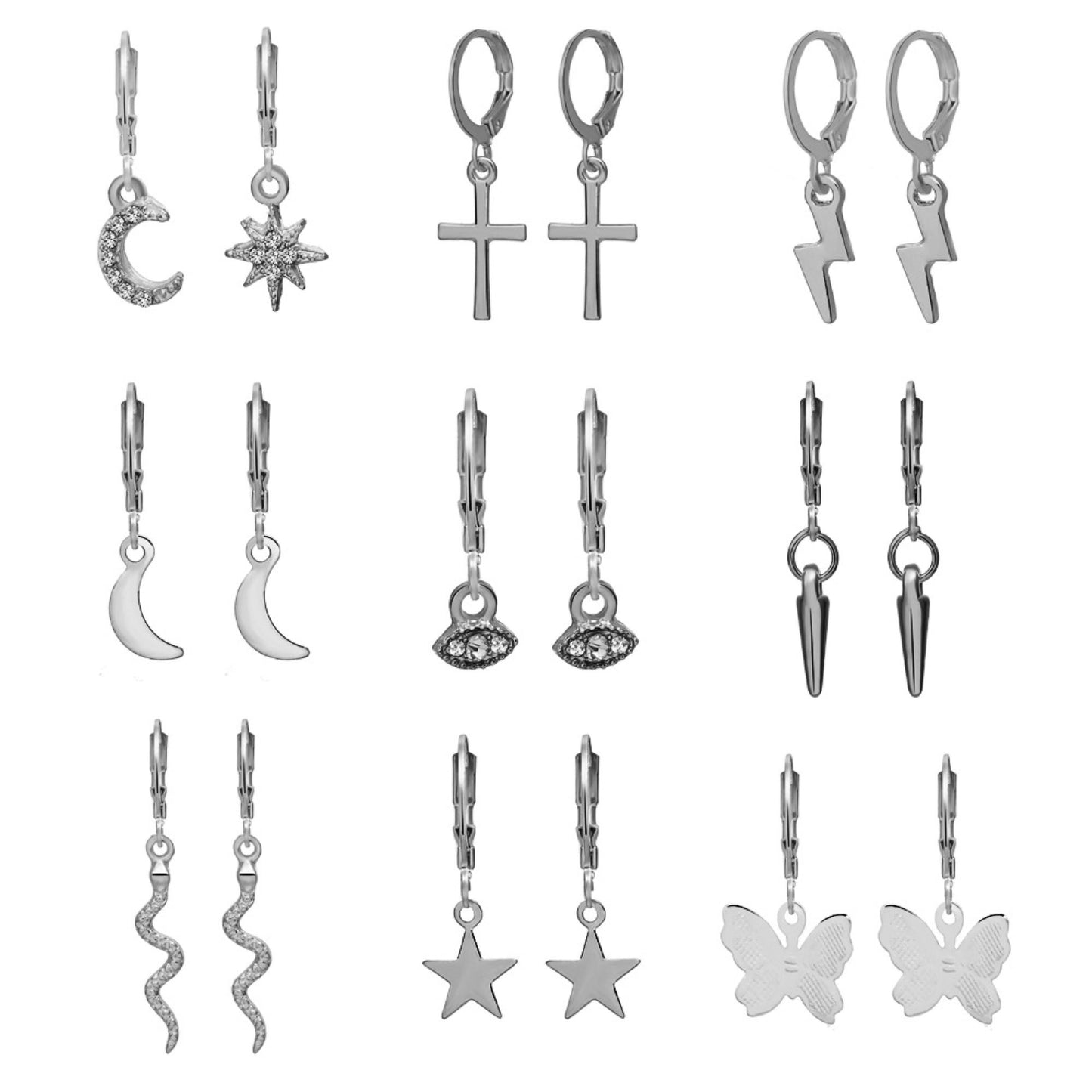 Star Moon Butterfly Flash Evil Eyes Silver Huggies 9 Pairs Earrings Pack
